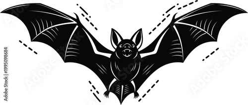 Black and white of a bat with spread wings silhouette desig