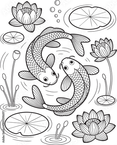 Koi fish swimming set of 2 in a pond with water lilies and lily pads ornate line art vector illustration