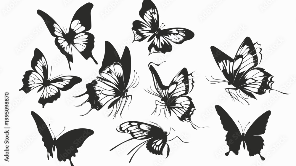 Fototapeta premium Black butterfly silhouettes on white background vector illustration design
