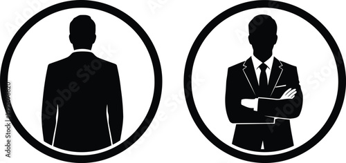 Black and white of a businessman and a woman in business attire suit desi