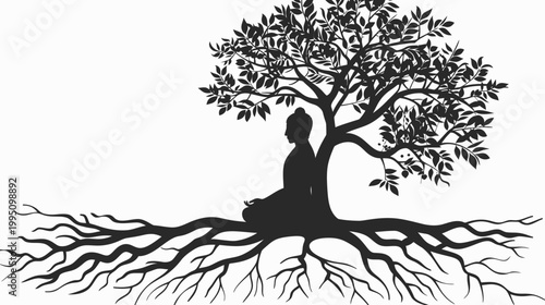 Meditating figure under a tree silhouette illustration with symbolic roots