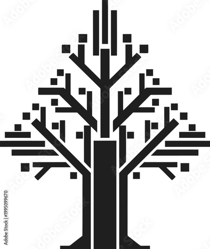 Black and white of a tree with geometric branches and leaves desi