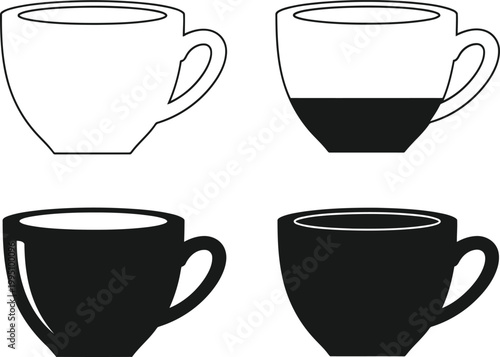 Black and white of four wine glasses with different fill levels drinkware