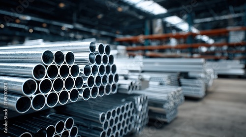 Neatly stacked galvanized steel pipes and aluminum tubes in an industrial warehouse