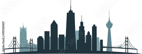 City skyline silhouette with bridges and towers on white background