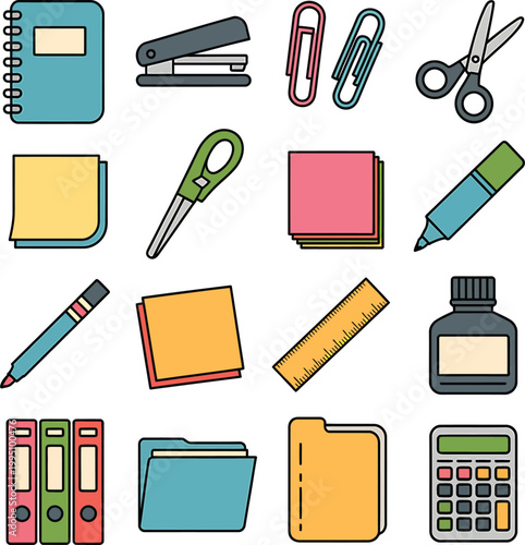 Office supplies and stationery flat icons notebook