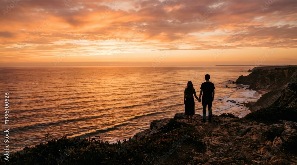 Fototapeta premium Golden hour light bathes a silhouetted couple standing on a cliff edge overlooking a vast ocean, warm amber and deep orange hues painting the sky and water, soft clouds