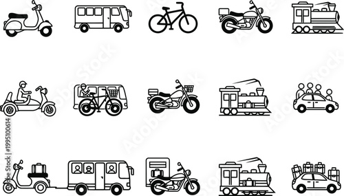 Black and white of various vehicles and bicycles motorcycle truck