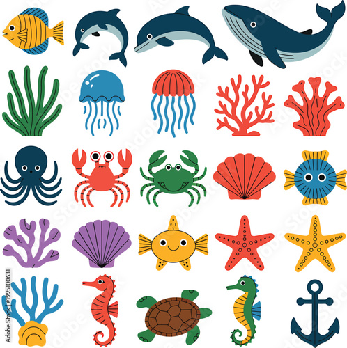 Ocean Life Illustrations With Anchor fish dolphin