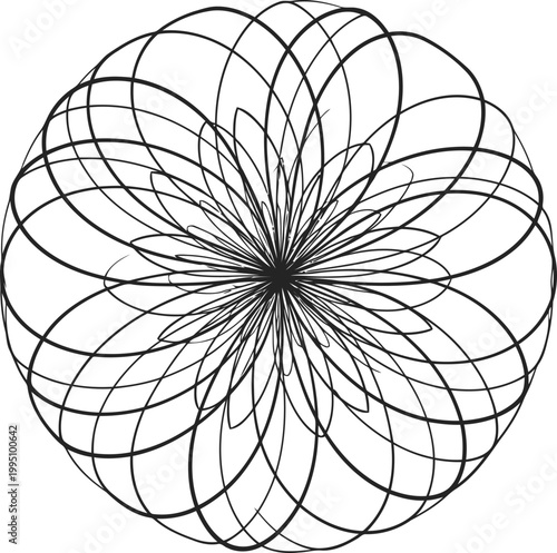 Black and white radial symmetry with geometric shapes and lines abstract