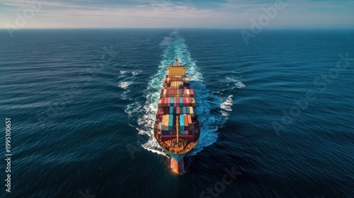 Large bulk carrier in open ocean with stacked containers under bright daylight