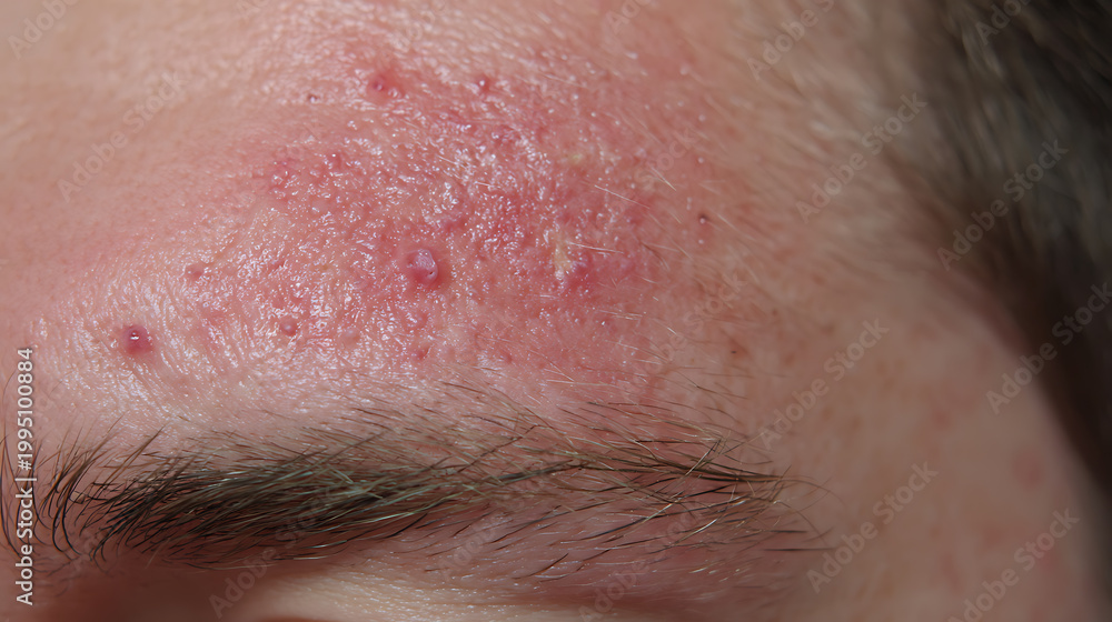 Fototapeta premium Close-up of Skin Irritation and Breakouts on a Forehead, Showing Red Bumps and Inflammation, Highlighting Skin Condition and Need for Care