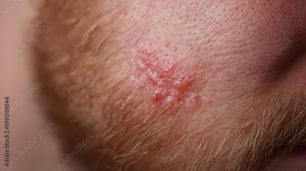 Fototapeta premium Close-up of facial skin with red inflamed rash and blisters on a man's cheek amidst stubble; medical and health concept background