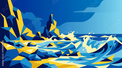 Abstract geometric coastal landscape with crashing waves