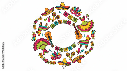 Colorful festive Mexican celebration elements border