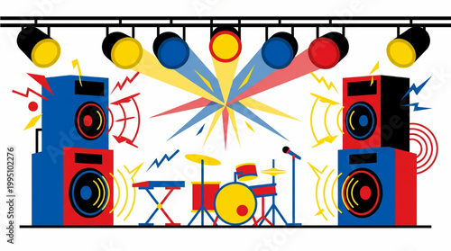 Concert stage setup with sound system and lighting