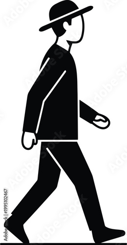 Black silhouette of a man in a suit and hat holding a cane