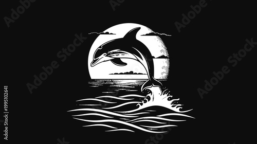 Jumping dolphin silhouette against moon and waves design illustration