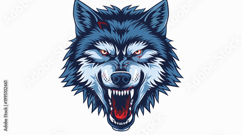 Intense wolf head illustration with sharp teeth and piercing gaze on white