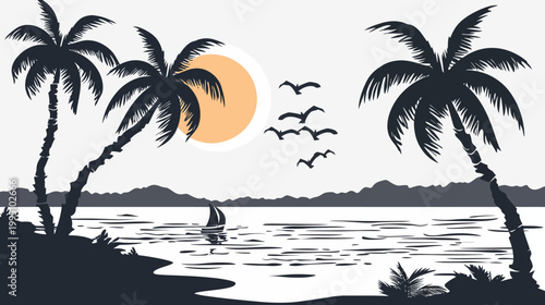 Coastal scene illustration with palm trees and sailboat under a sunset sky