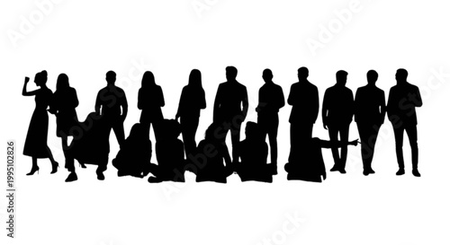 Silhouette of a diverse group of people standing and sitting