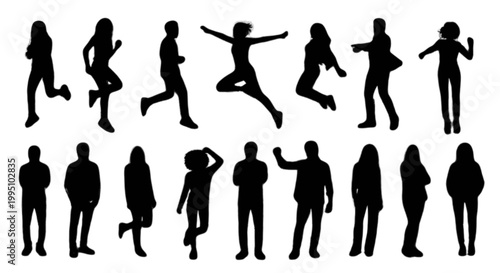 Collection of black human silhouettes in various poses