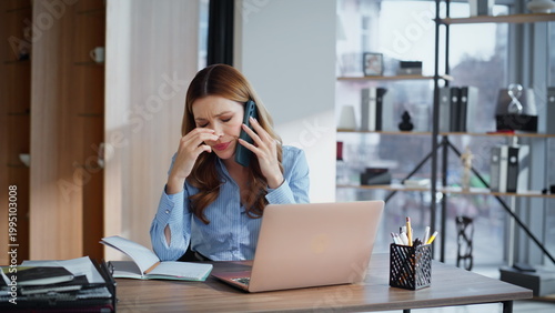 Cuadro en lienzo Company leader dissatisfied call sitting office workplace with laptop closeup