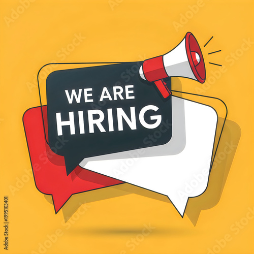 Vibrant illustration of a megaphone announcing job openings on a yellow background