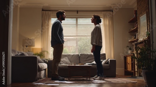 Tense argument at home: frustrated partners facing off in a modern living room
