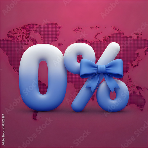 A large blue and white 0% symbol with a bow on a pink background with a world map