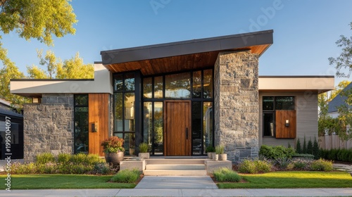 Modern house entrance with glass front door and visible backyard