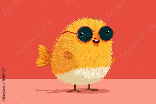 Cute anthropomorphic yellow puffer fish character wearing sunglasses and smiling in a bright studio scene