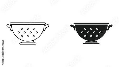 Black and white line icons of kitchen colander with handles