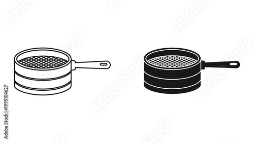 Black and white line art of two kitchen strainers with handles