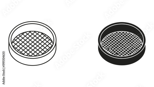 Two black and white icons of round grates or meshes in circles