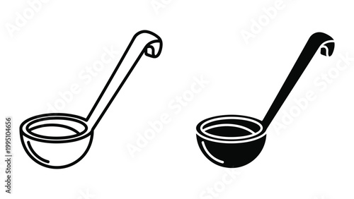 Two ladles with long handles and bowls in black and white isolated on white background