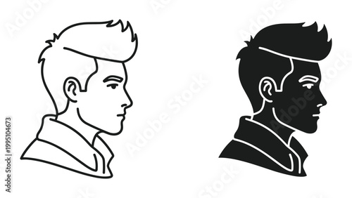 Vector illustration of two mens head silhouettes in profile view on white background