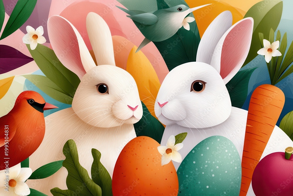 Fototapeta premium Easter bunnies with colorful eggs and spring flowers in a festive flat illustration