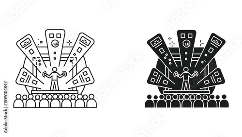 Vector illustration of a person presenting on a stage with a crowd and multiple screens behind them in black and white