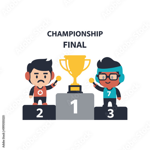 Championship Final: Sad Loser and Happy Winner on Podium with Trophy