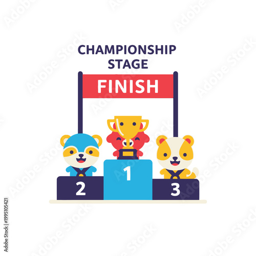 Cartoon animals celebrating on a winner's podium at the finish line