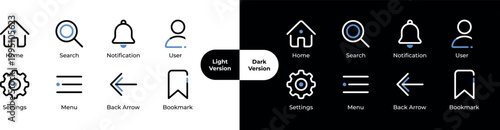 Essential UI Line Icon Set for Light and Dark Mode. Vector App Interface Navigation Symbols including Home, Search, User, Menu, and Settings.