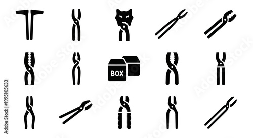 Black toolbox icons, tool set vector graphics, 16 silhouette symbols, industrial equipment illustrations, DIY and repair tools