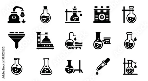 Laboratory equipment icons, science symbols, chemistry lab tools, 20 black vector graphics