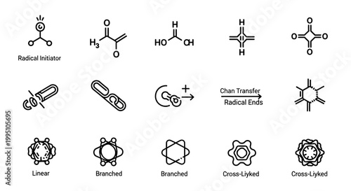 Polymer chemistry icons, radical initiator, chain transfer agent, polymer structure symbols, 12 icons