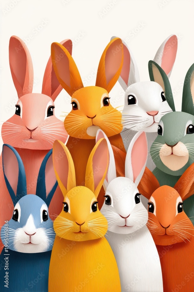 Fototapeta premium Easter bunnies in a colorful pastel group illustration of friendly spring rabbits