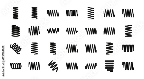 Spring icons, coil symbols, black spring illustrations, vector springs, mechanical elements