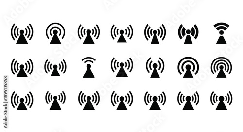 Wireless network icons, WiFi signal symbols, communication tower logos, 20 black vector graphics