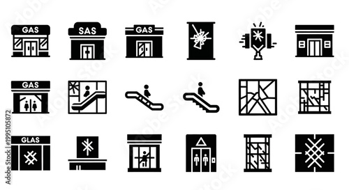 Gas station icons, fuel symbols, petrol station signs, black and white graphics, 20 vector illustrations