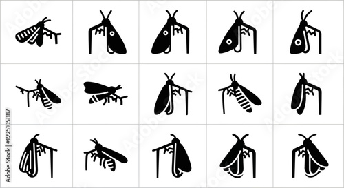 Moth icons, black silhouette moths, insect graphics, 20 vector illustrations, bug symbols